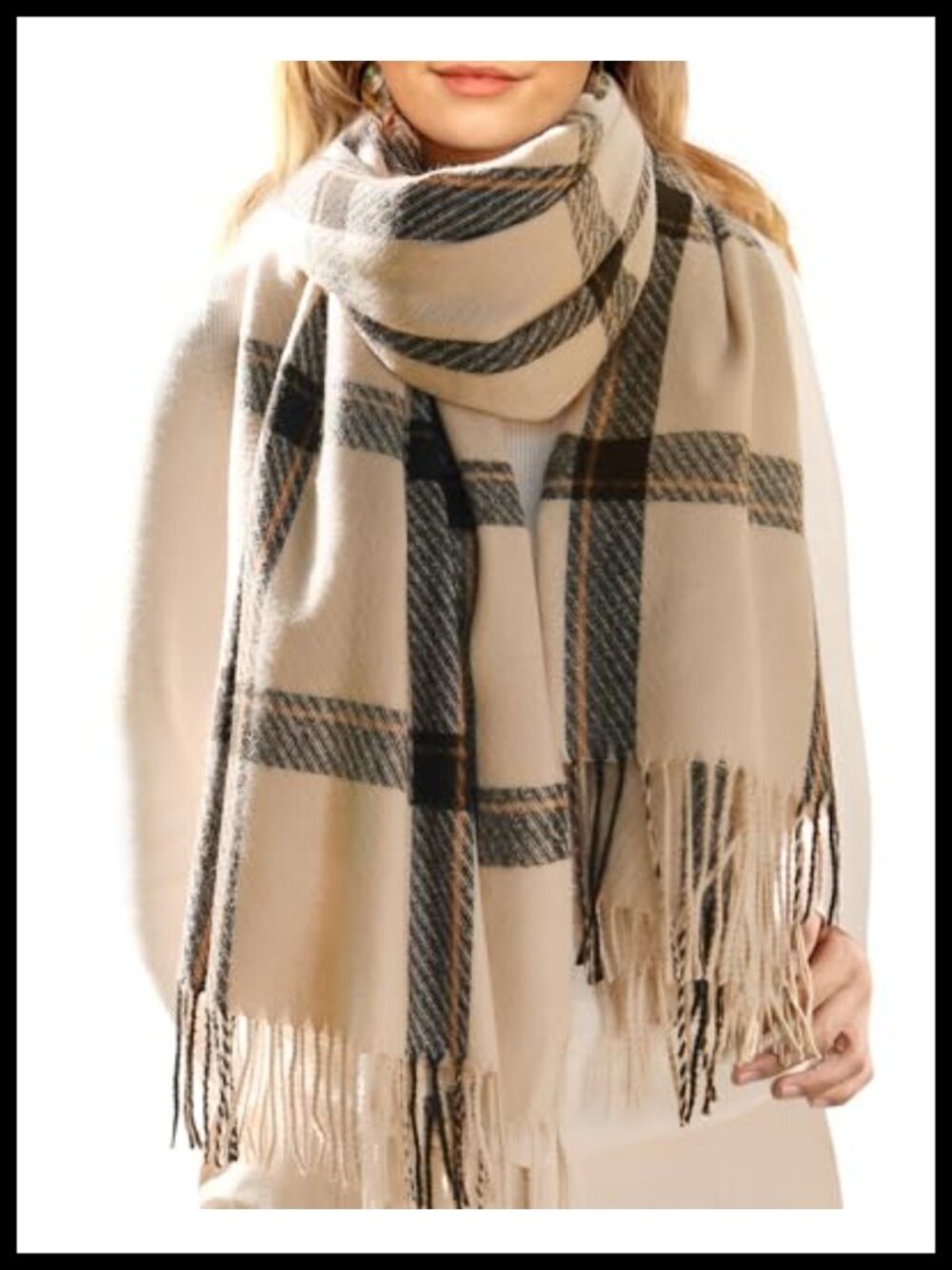 Oversized Plaid Tassel Shawl Wrap Winter Scarf for Women Soft Warm